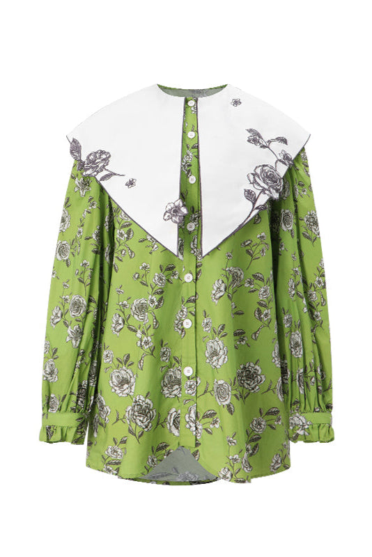 Green rose print large lapel blouse B3758