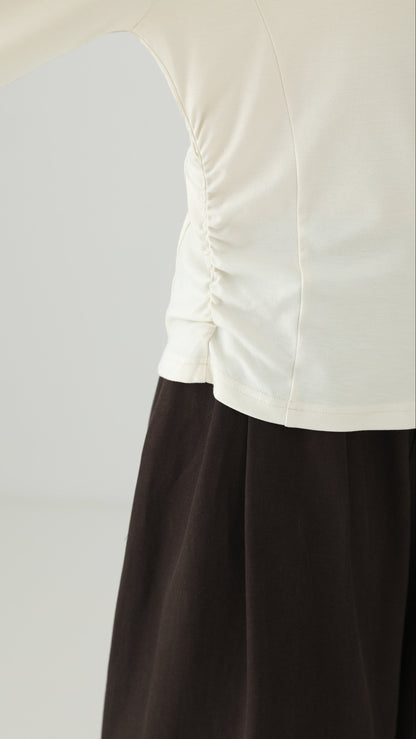 Bottleneck Side-Shirring Drape Long Sleeve T-Shirt B5001