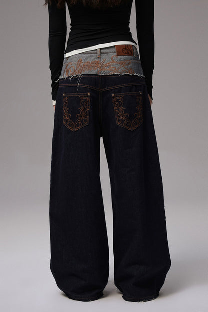 Cow double waist splice embroidered wide jeans B4318