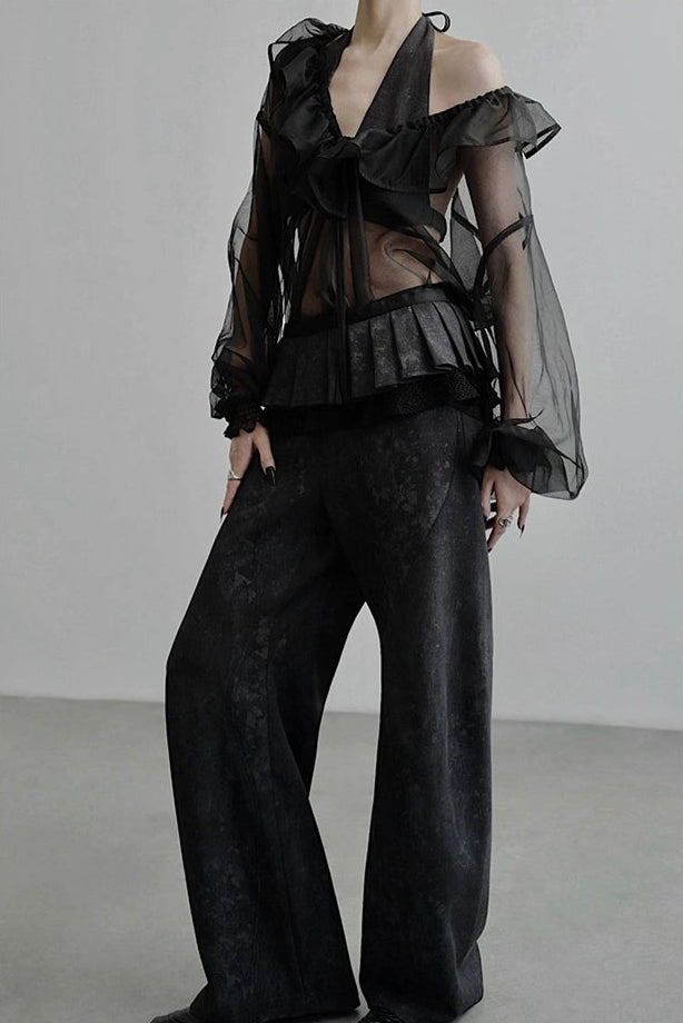 Ropeway Deep V-neck Sheer Shirt B4253