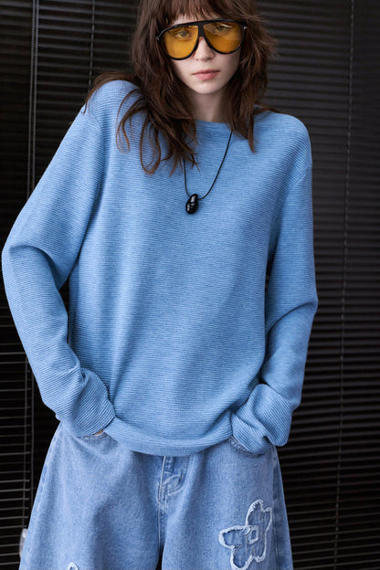 Blue Vintage-Style Textured Long Sleeve T-Shirt B5021