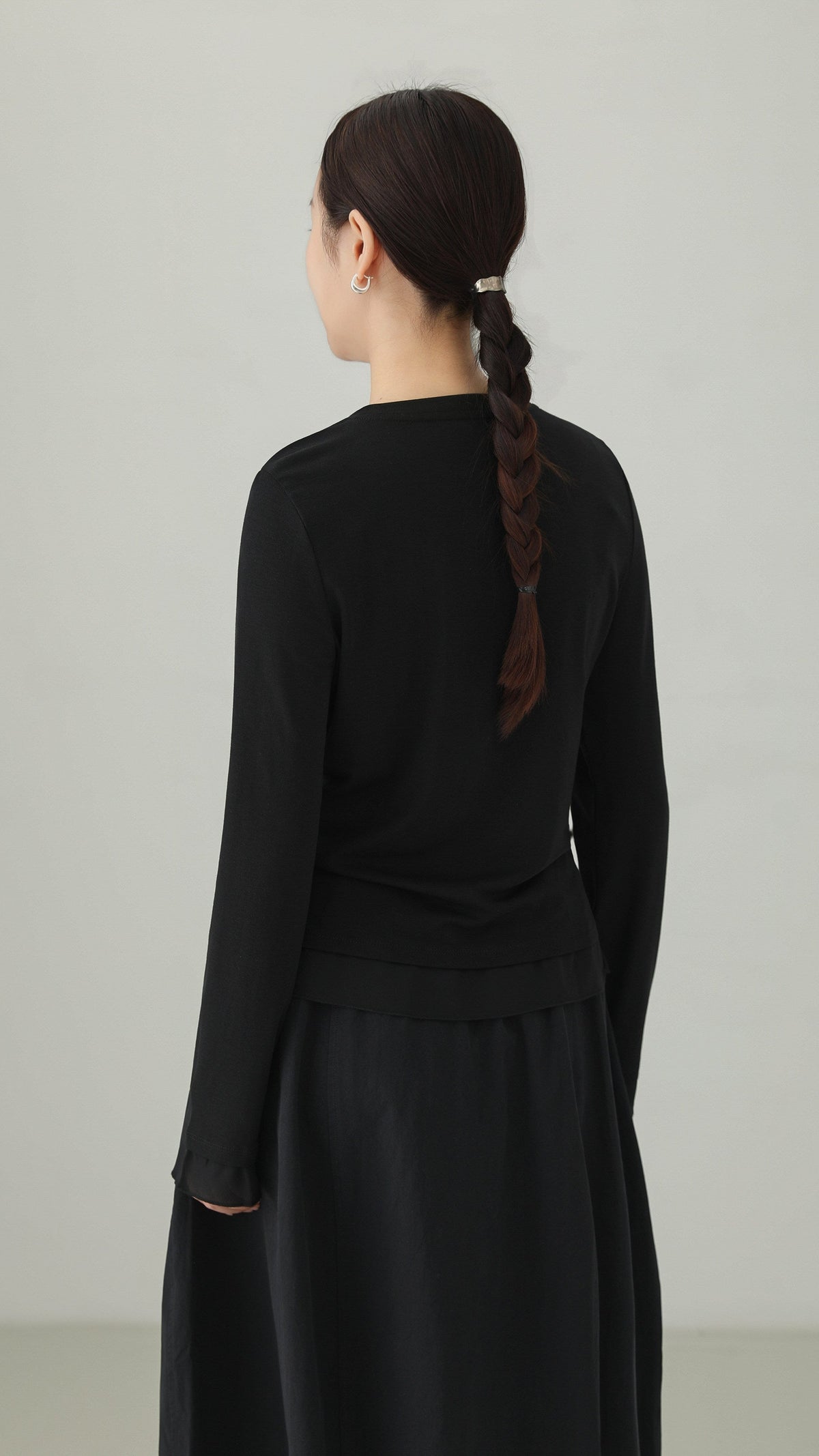 Silk-Trim Layered Hem Long-Sleeve T-Shirt B5003