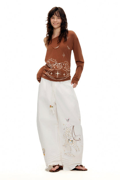 刺繡フリルルーズカーブブレードパンツ　B4600