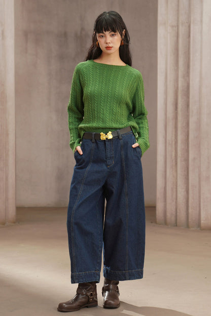 普魯士藍闊腿彎刀牛仔褲 B4448