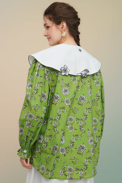 Green rose print large lapel blouse B3758