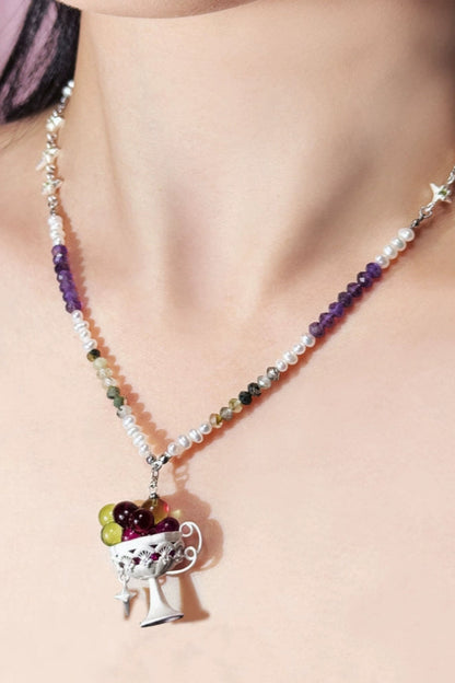 S925 Fresh Grape Natural Stone Pearl Choker Necklace B3937