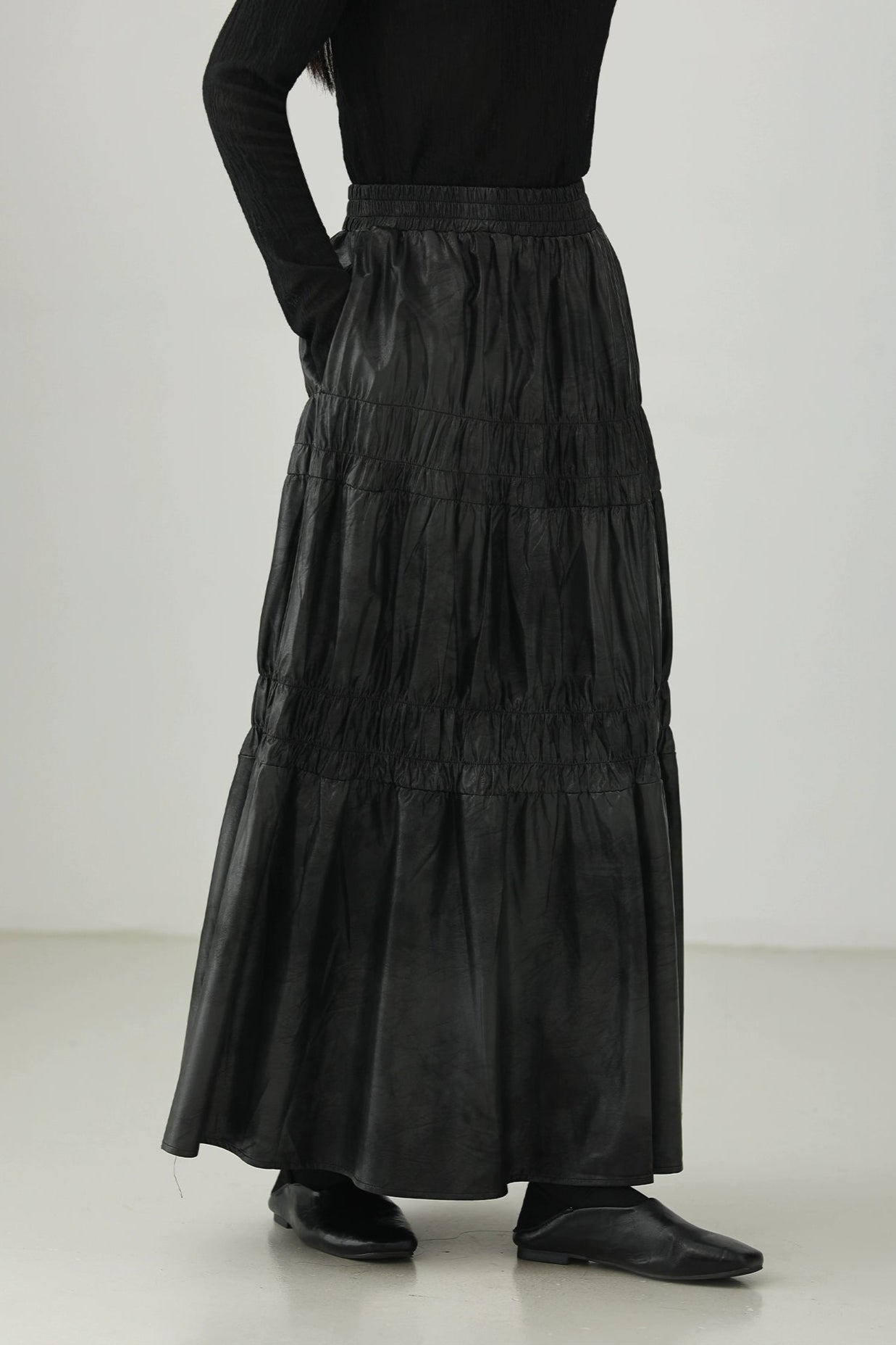 PU leather gathered skirt B4276