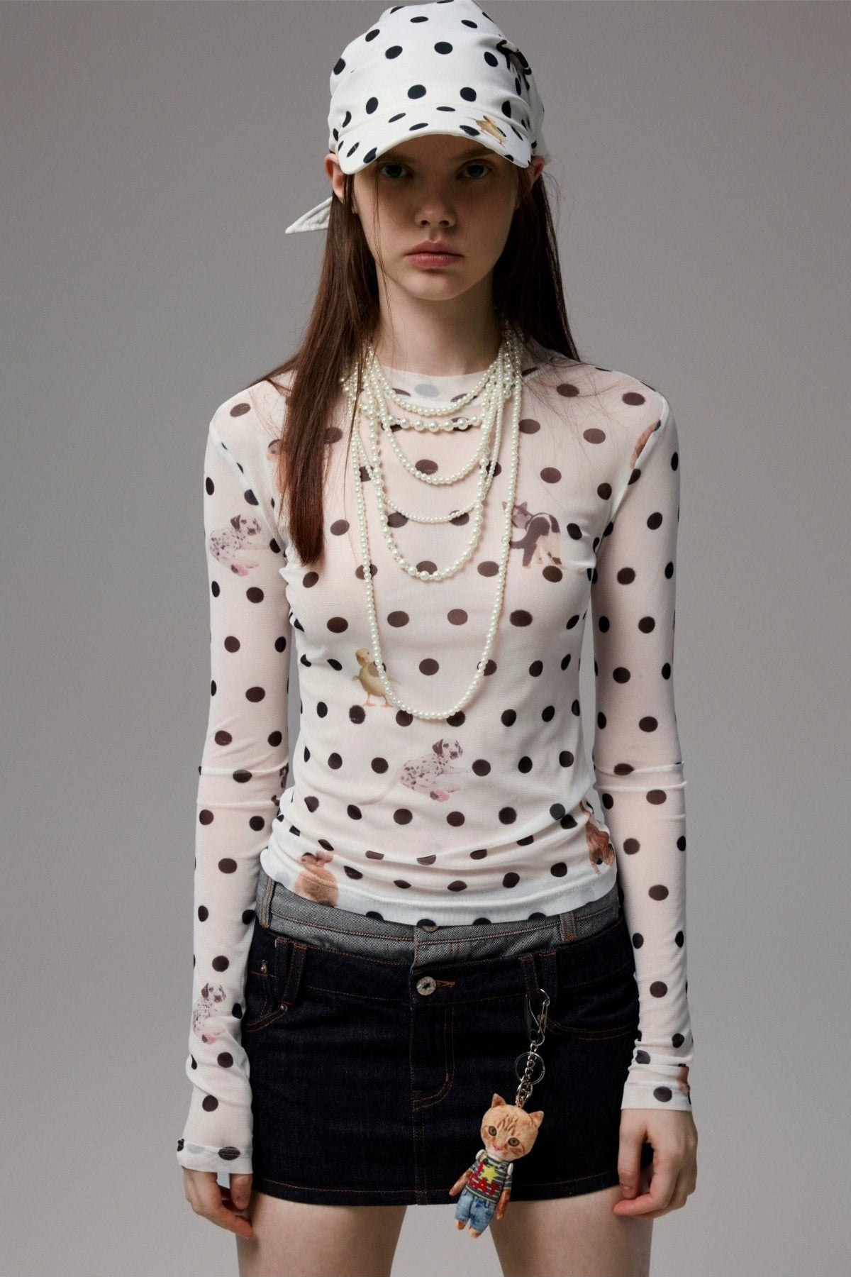 Cat &amp; Dog Dot Print Mesh Shirt B4322