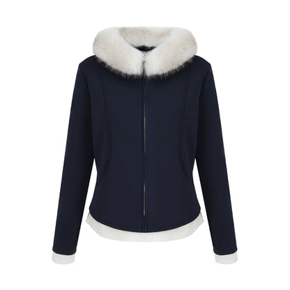 Fur collar fake two-piece top and cropped pants set B4511