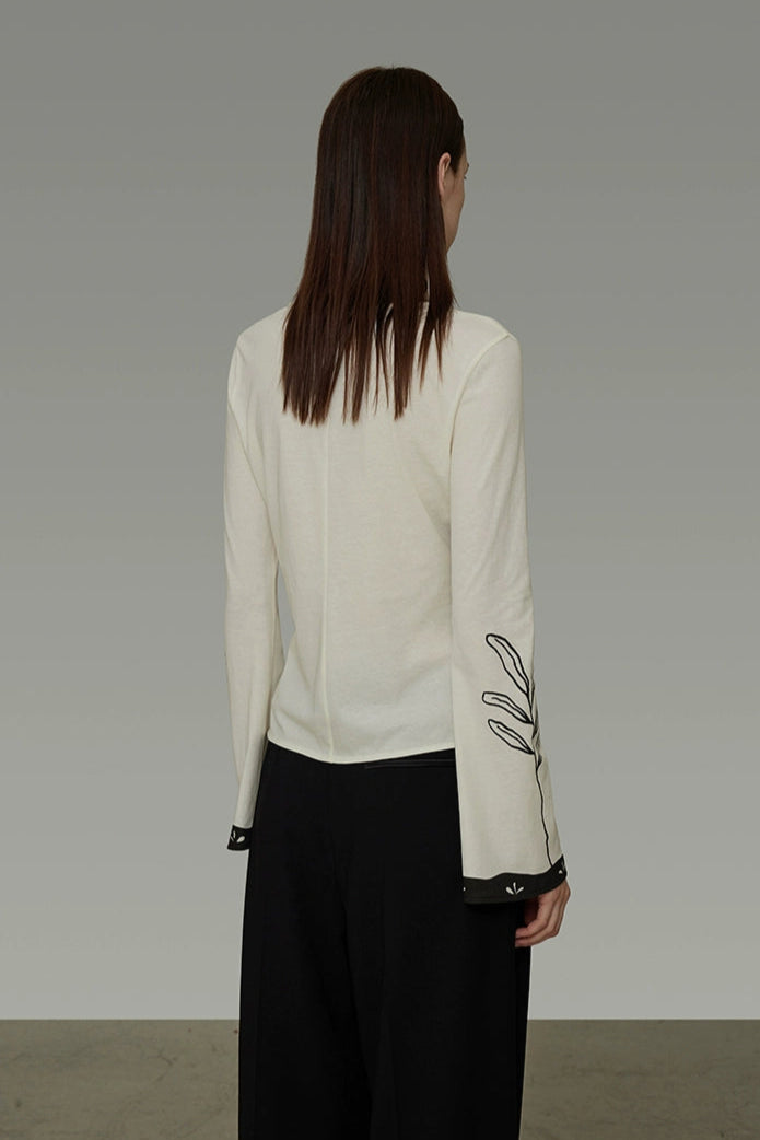 オリジナル手描きプリントVネック長袖トップス　B4193