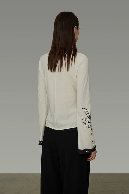 オリジナル手描きプリントVネック長袖トップス　B4193