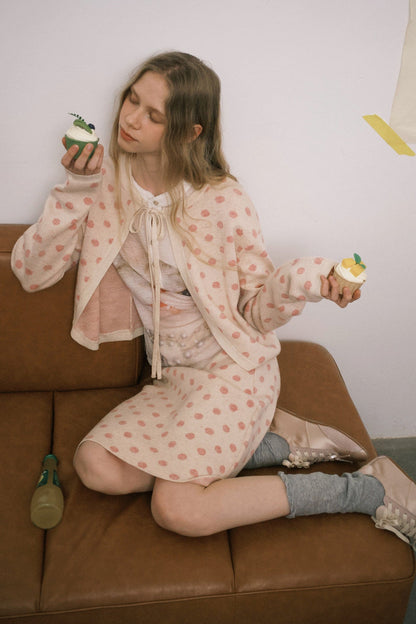 ピーチピンクジャガードドットカーディガン・スカート　B4596