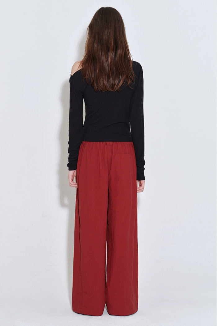 Dark Red Drawstring Beaded Straight Pants B4210