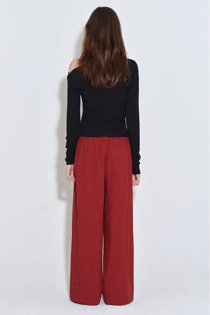 Dark Red Drawstring Beaded Straight Pants B4210