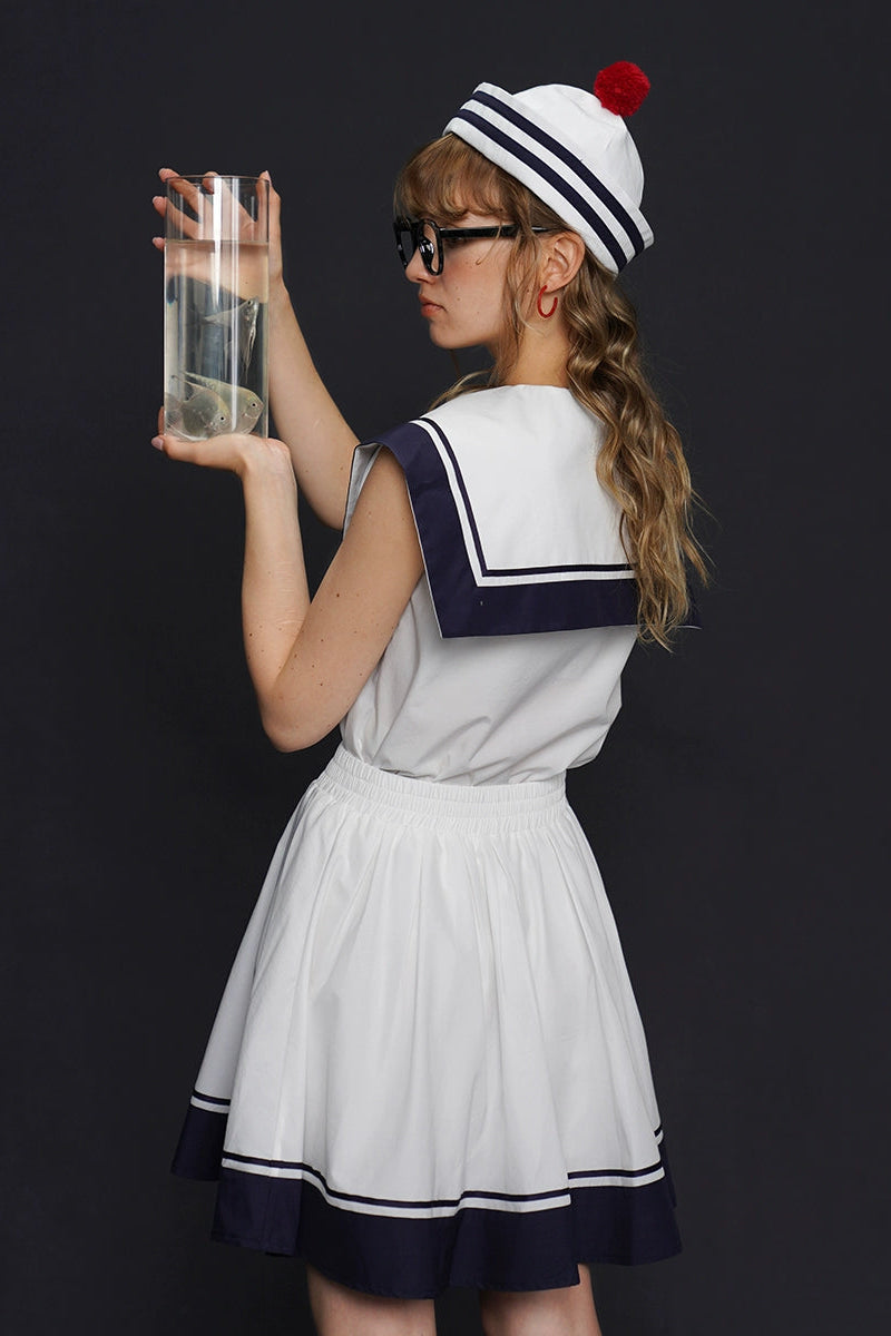 Marine sailor collar sleeveless top, skirt and suit B4155
