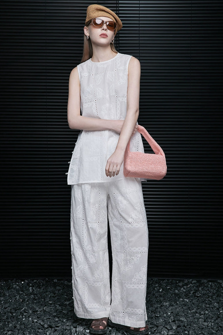 ホワイトコットンレースストレートルーズパンツ　B4078
