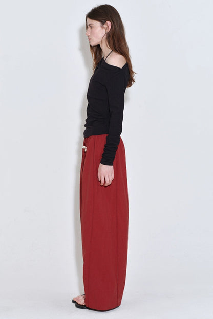 Dark Red Drawstring Beaded Straight Pants B4210