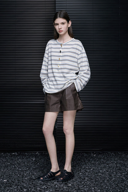 ホーンボタンストライプ長袖Ｔシャツ　B4685