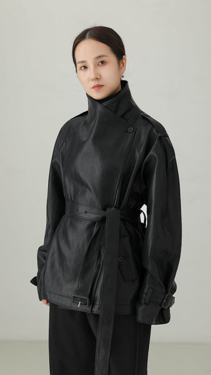 Black PU Leather Belted Stand Collar Jacket B5008
