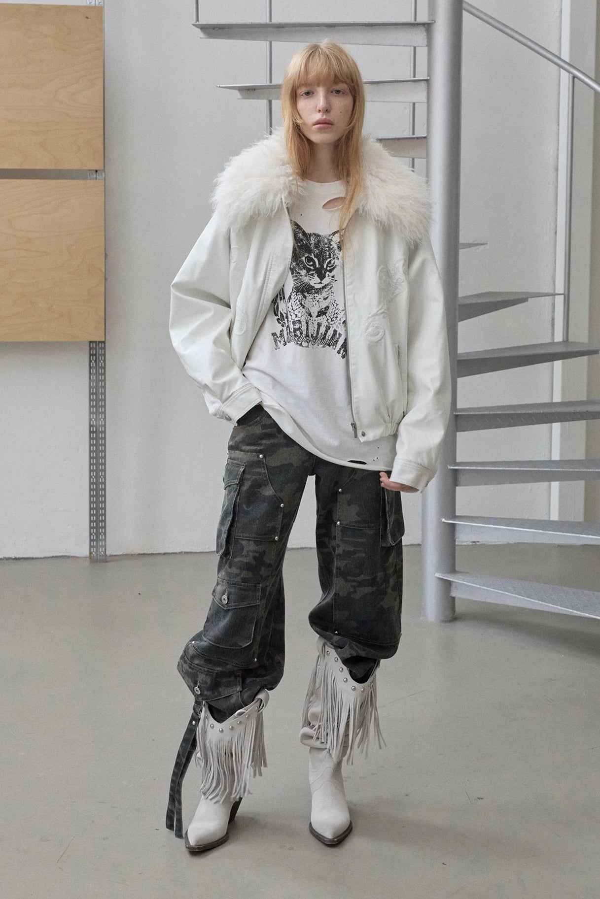 Camouflage Wash Multi-Pocket Cargo Wide Pants B4388