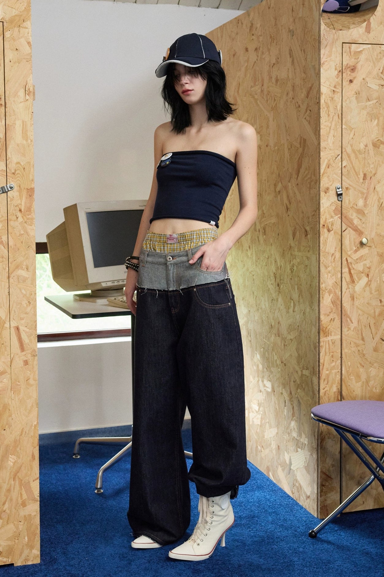 Cow double waist splice embroidered wide jeans B4318