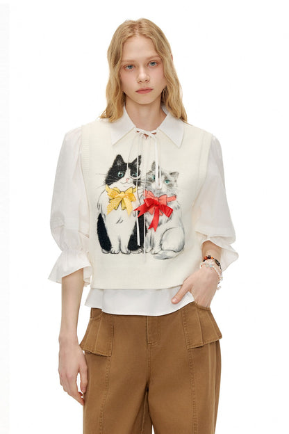 ホワイトキャットプリントVネックベスト　B4599