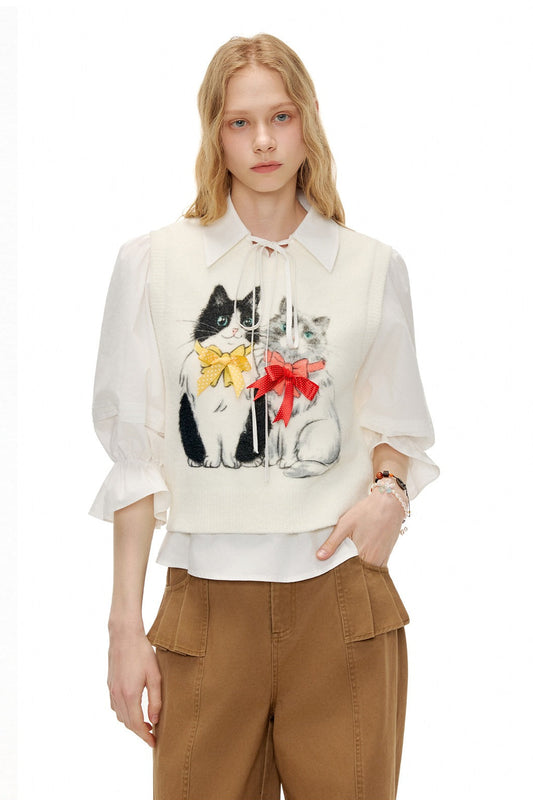 ホワイトキャットプリントVネックベスト　B4599