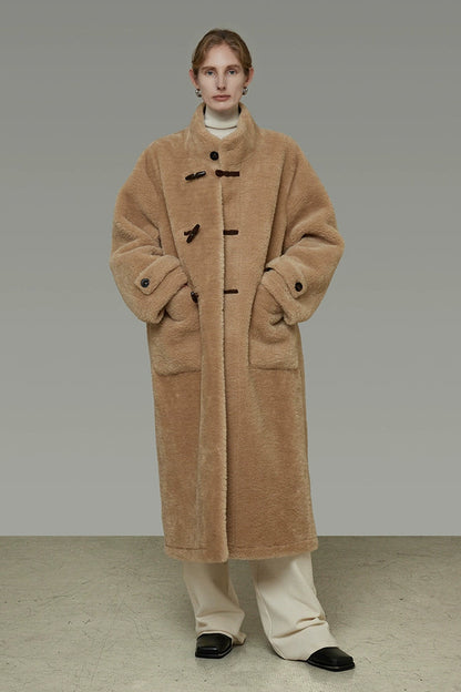 Stand collar horn button leather long fur coat B4442