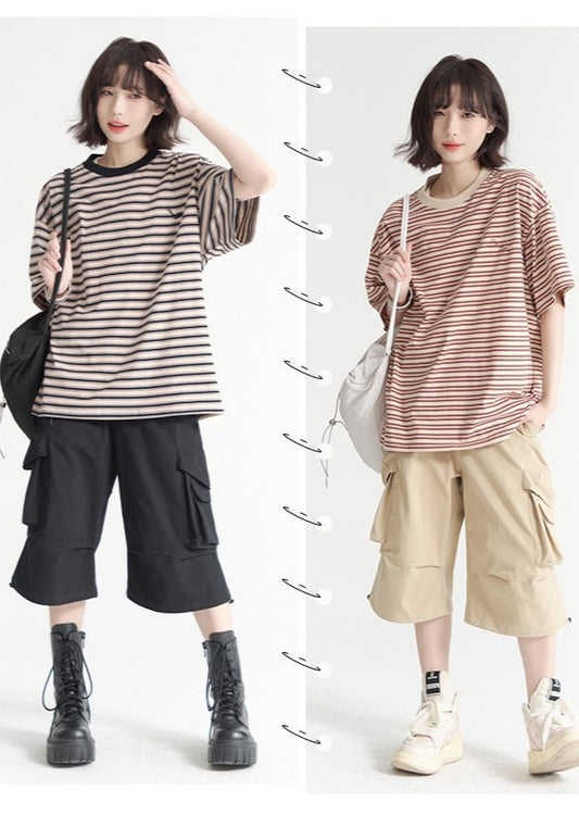 Striped cotton loose T-shirt B2813