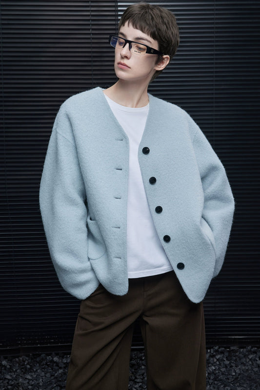 Vネックルーズウール混コート　B4549