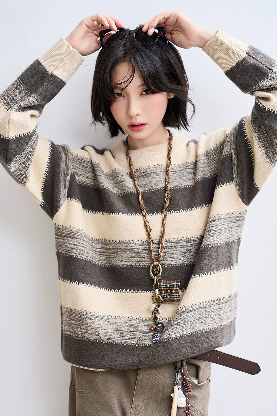 杏色條紋寬鬆毛衣 B4433