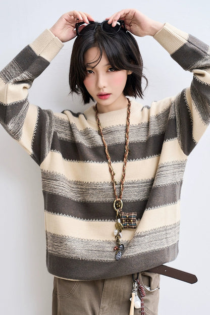 杏色條紋寬鬆毛衣 B4433