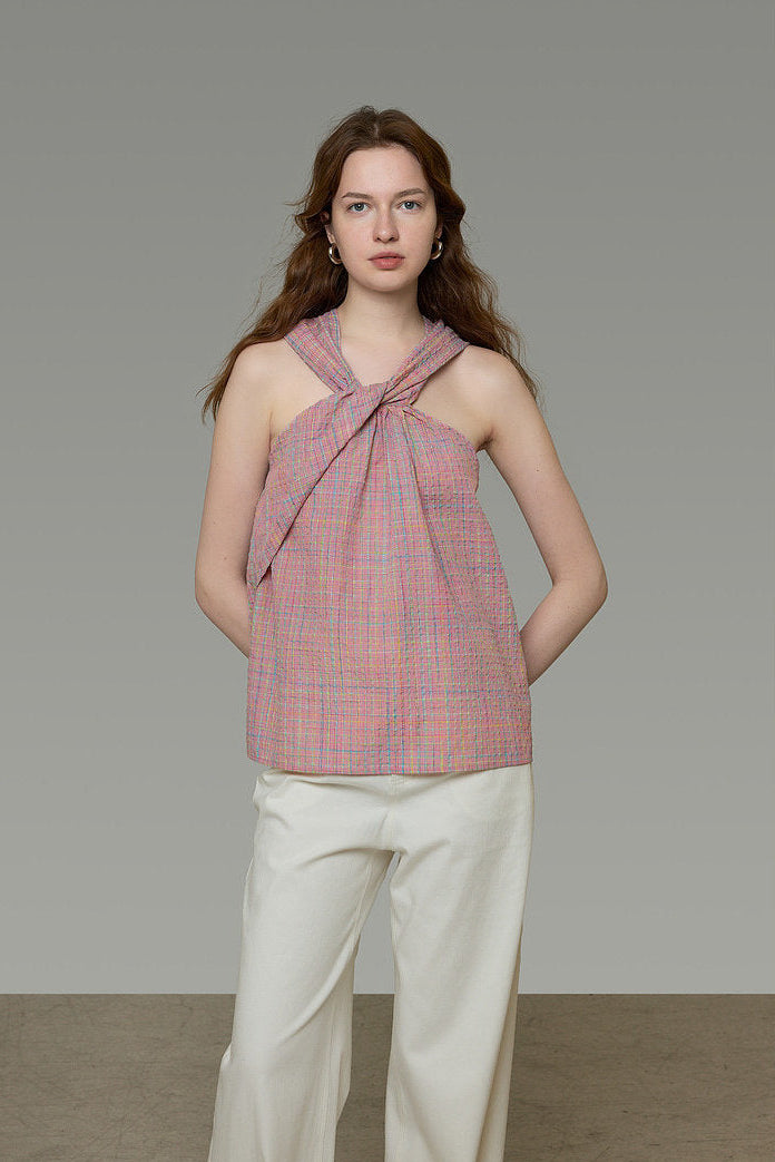 French Check Twist Halter Camisole B4843
