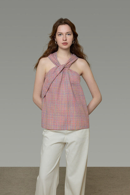 French Check Twist Halter Camisole B4843
