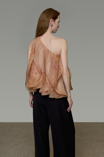French Print One-Shoulder Blouse B4844