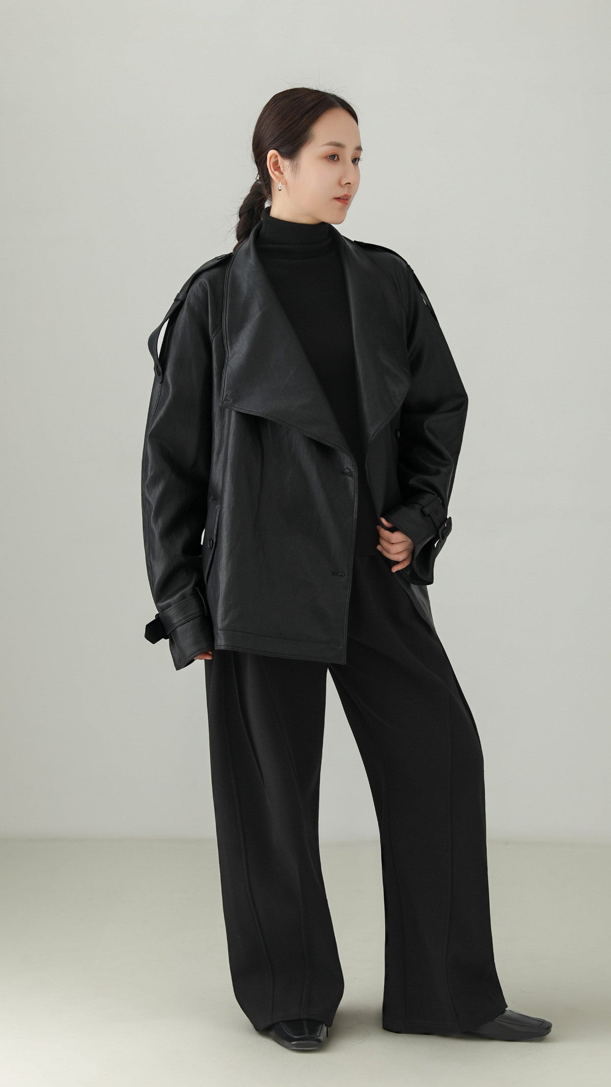 Black PU Leather Belted Stand Collar Jacket B5008