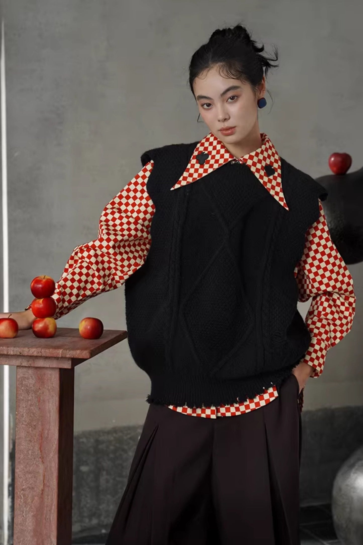 レトロチェック柄トランプ刺繡ラペルシャツ　B4582