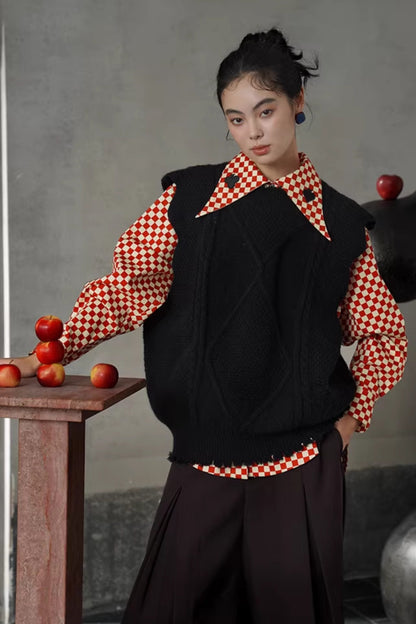 レトロチェック柄トランプ刺繡ラペルシャツ　B4582