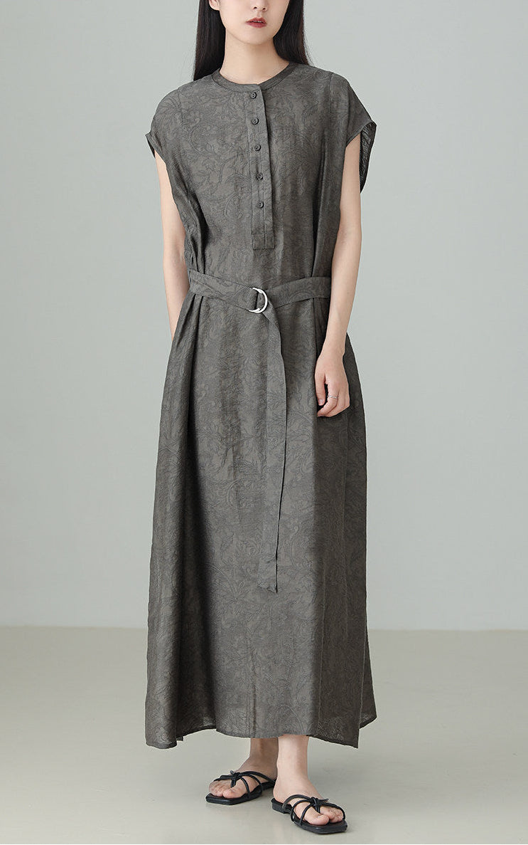 Linen Tencel Jacquard Slit Dress B4895