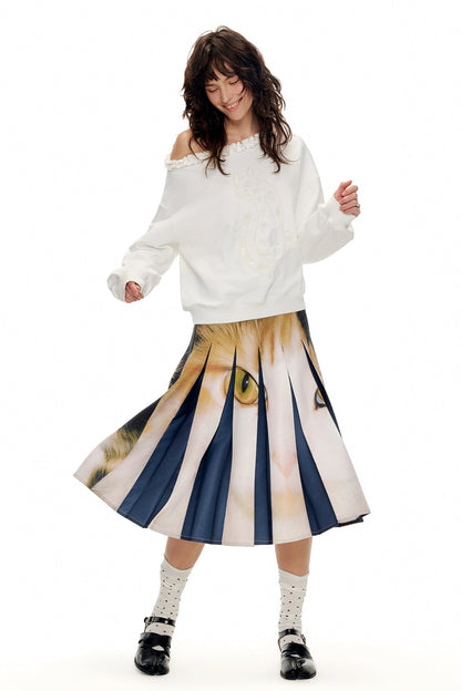 キャットプリントミッドウエストプリーツスカート　B4597