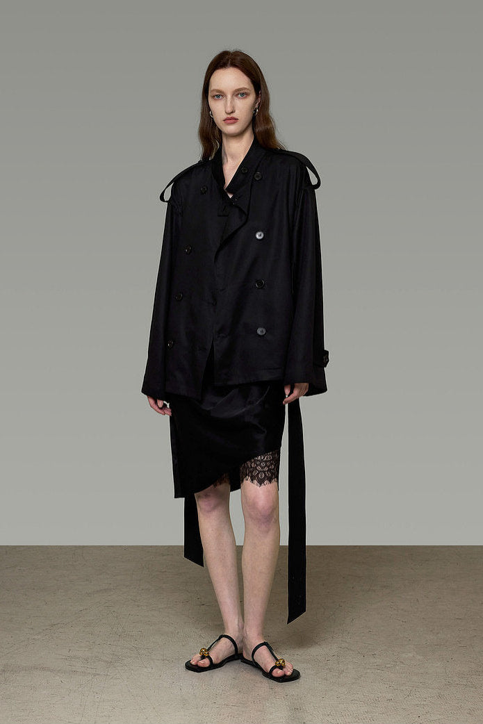 Black Short Double-Breasted Trench Coat B4911