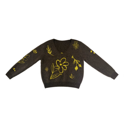 レトロブラウンフラワー刺繡セーター　B4456