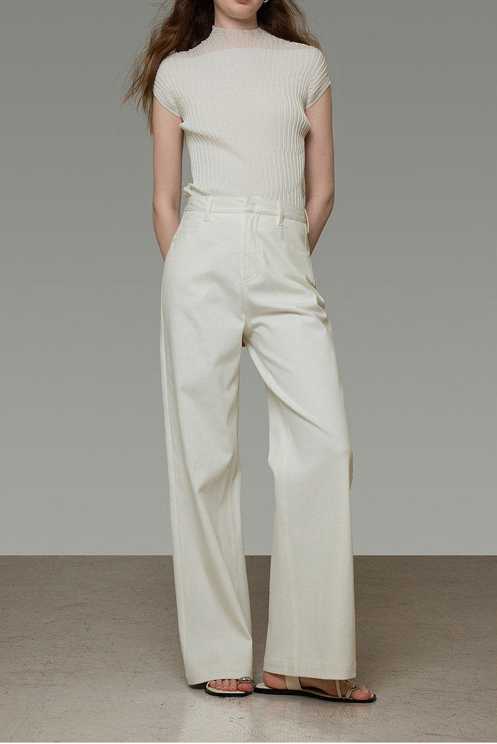 French White Straight Denim Pants B4772
