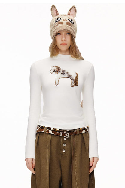 貓馬圖案貼花刺繡高領T卹 B4589