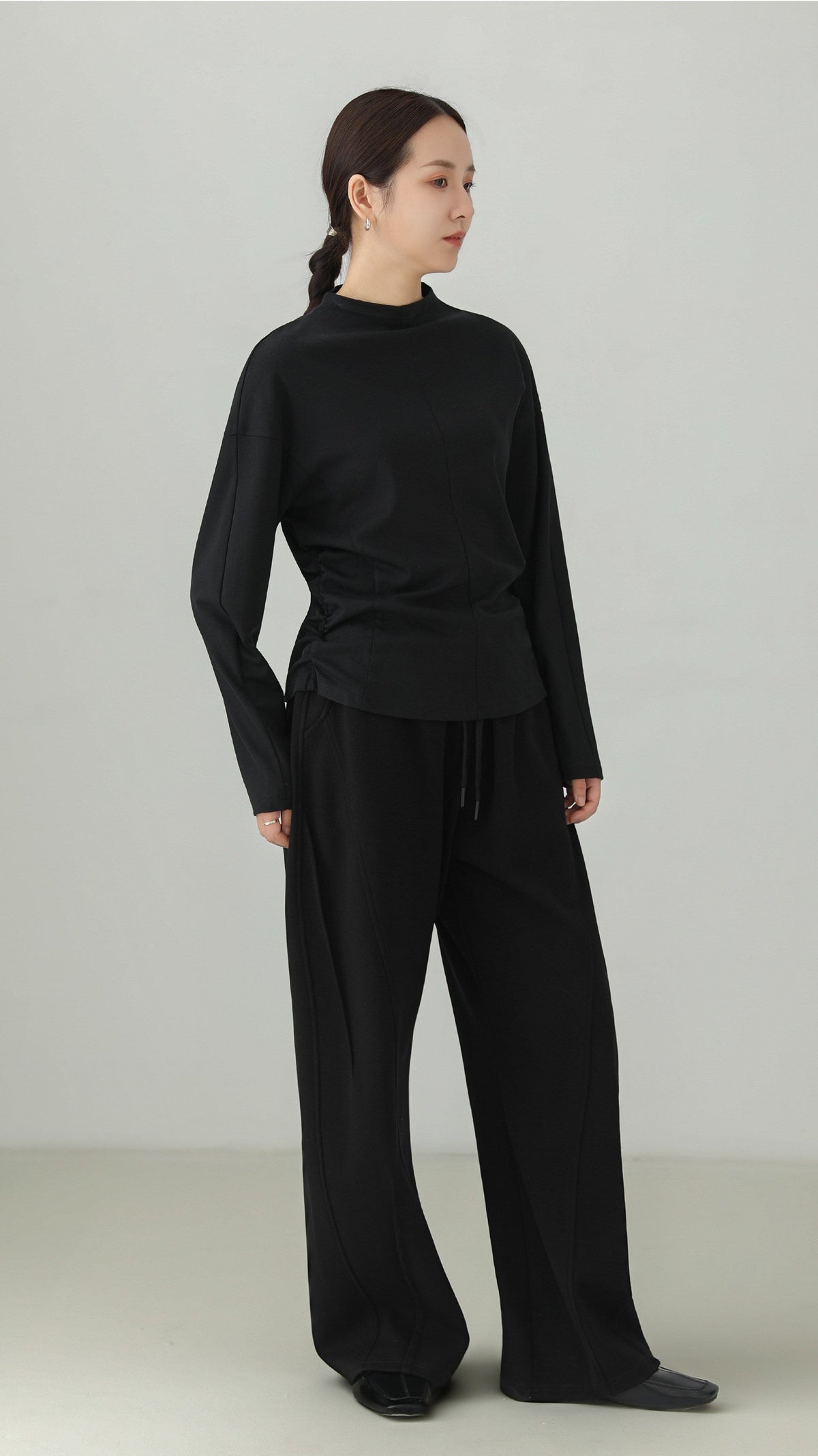 Bottleneck Side-Shirring Drape Long Sleeve T-Shirt B5001