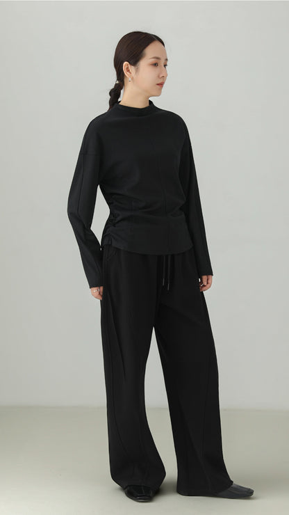 Bottleneck Side-Shirring Drape Long Sleeve T-Shirt B5001