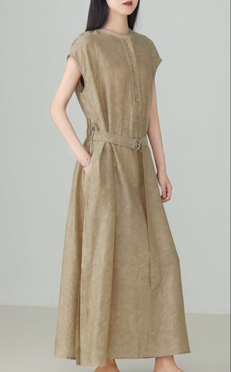 Linen Tencel Jacquard Slit Dress B4895