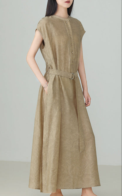 Linen Tencel Jacquard Slit Dress B4895