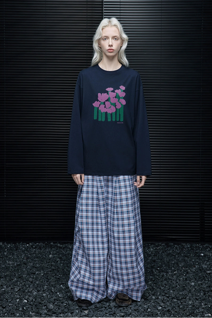 ネイビーブルーコットンプリントTシャツ　B4221