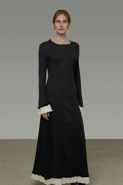 Color Block Flare Sleeve Long Dress B4439